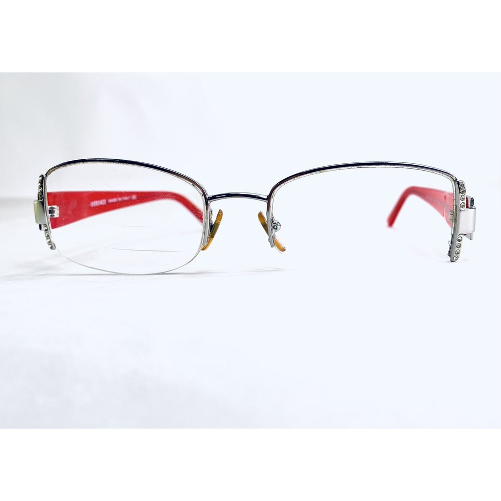 Versace Silver Rectangular Eyeglasses Red Temple Italy MOD 1090B 1000 52 18 130